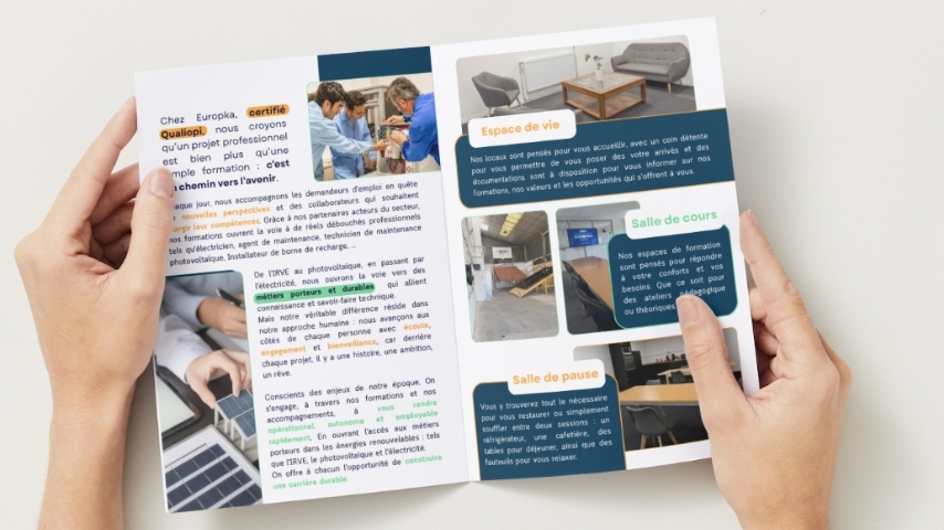 Catalogue Europka Formation présentant les formations professionnelles en IRVE, photovoltaïque, électricité, secours et habilitation électrique.